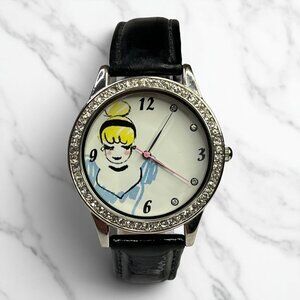 Disney Cinderella Watch Black Leather Band Stainless Steel Case Quartz